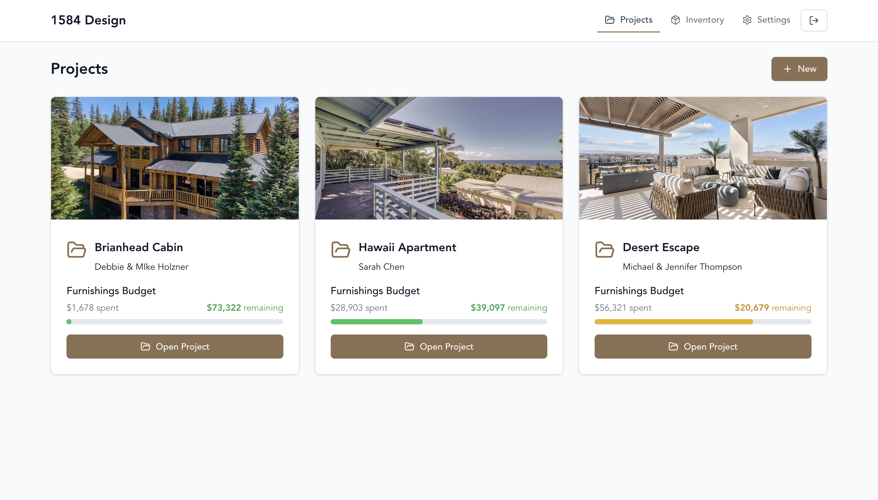 Projects overview showing project cards with budgets
